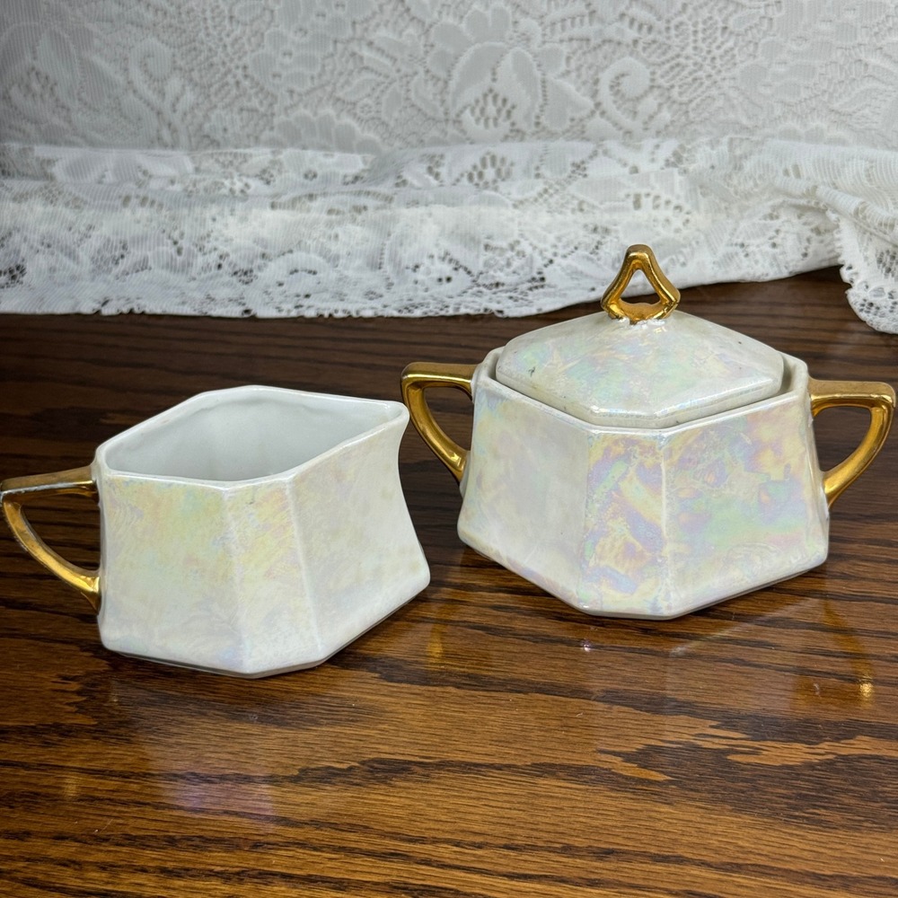 Vintage Silesia Germany Lusterware Sugar and Creamer Set Iridescent Gold Trim